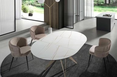1119 - Round Porcelain Marble and Champagne-coloured Steel Extending Dining Table