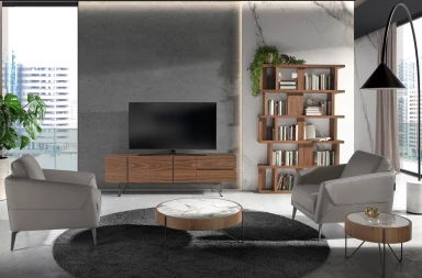 2138 - Round Coffee Table in Porcelain Marble, Walnut and Black Steel