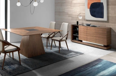 3140 - Sideboard Walnut, Brushed Steel and Black Glass Top